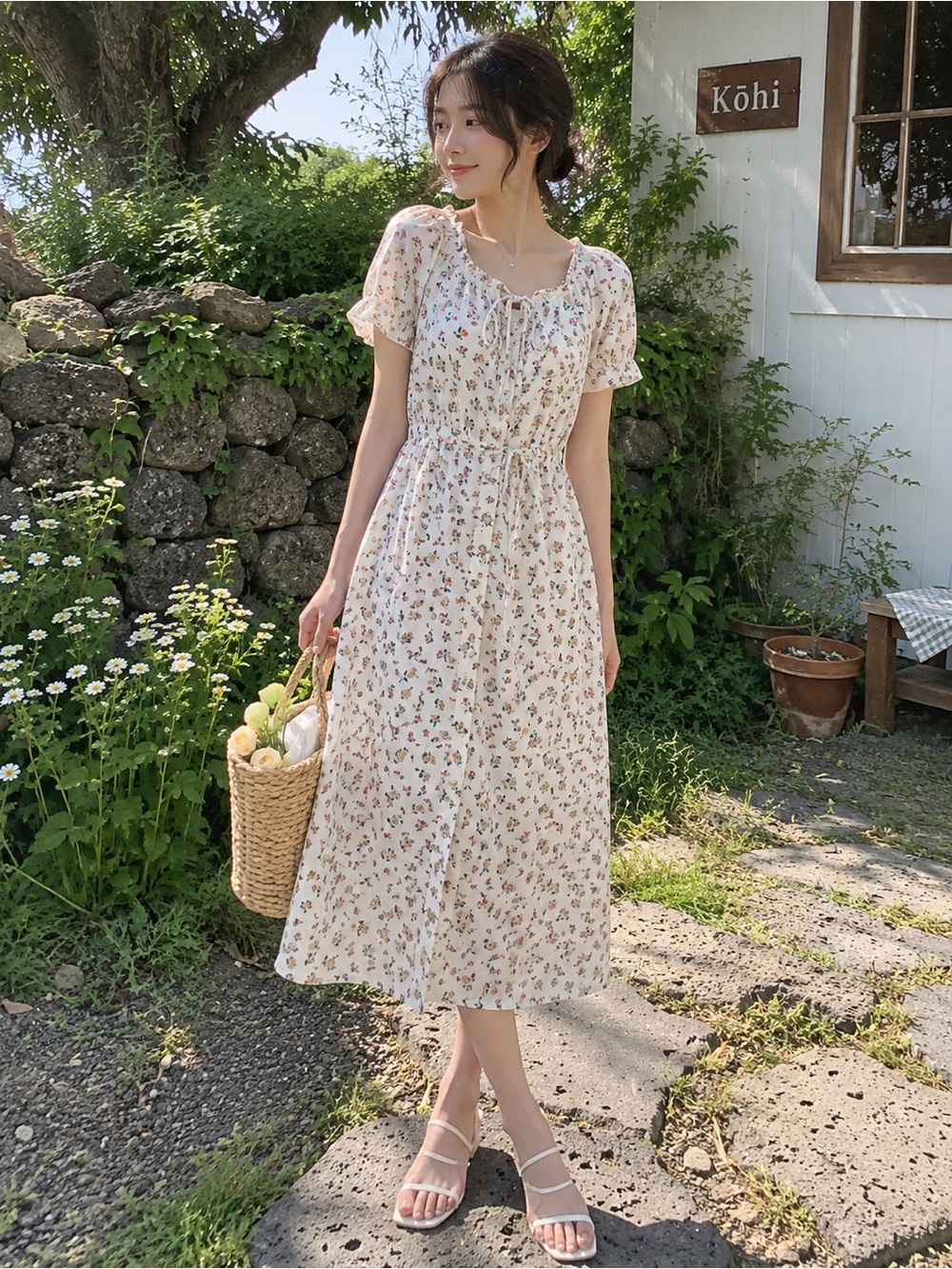 Coster Market Korean Cotton Floral Cottagecore Midi Dress Free Size